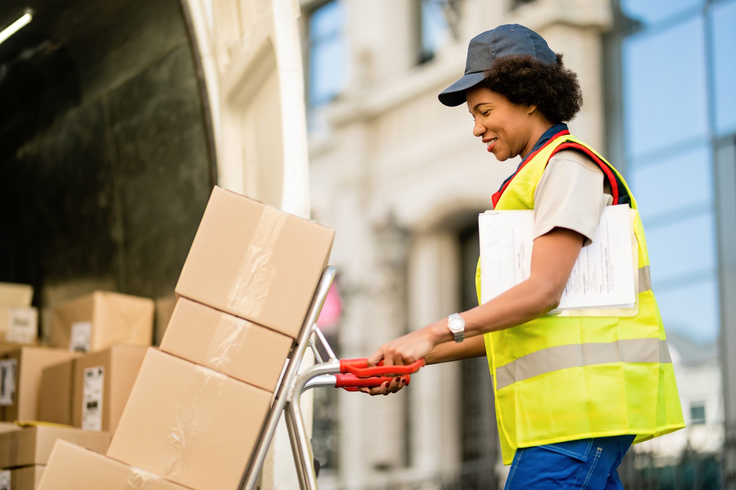 happy african american deliverer with hand truck unloading packages from van scaled